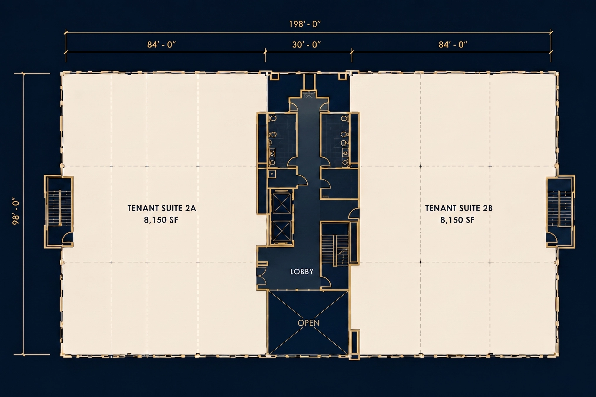 Second floor plan - Tenant Suites 2A and 2B, 8,150 square feet each
