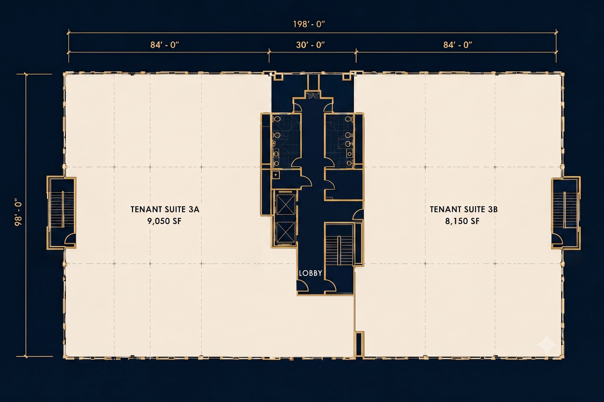 Third floor plan - Tenant Suite 3A, 9,050 square feet, and Suite 3B, 8,150 square feet