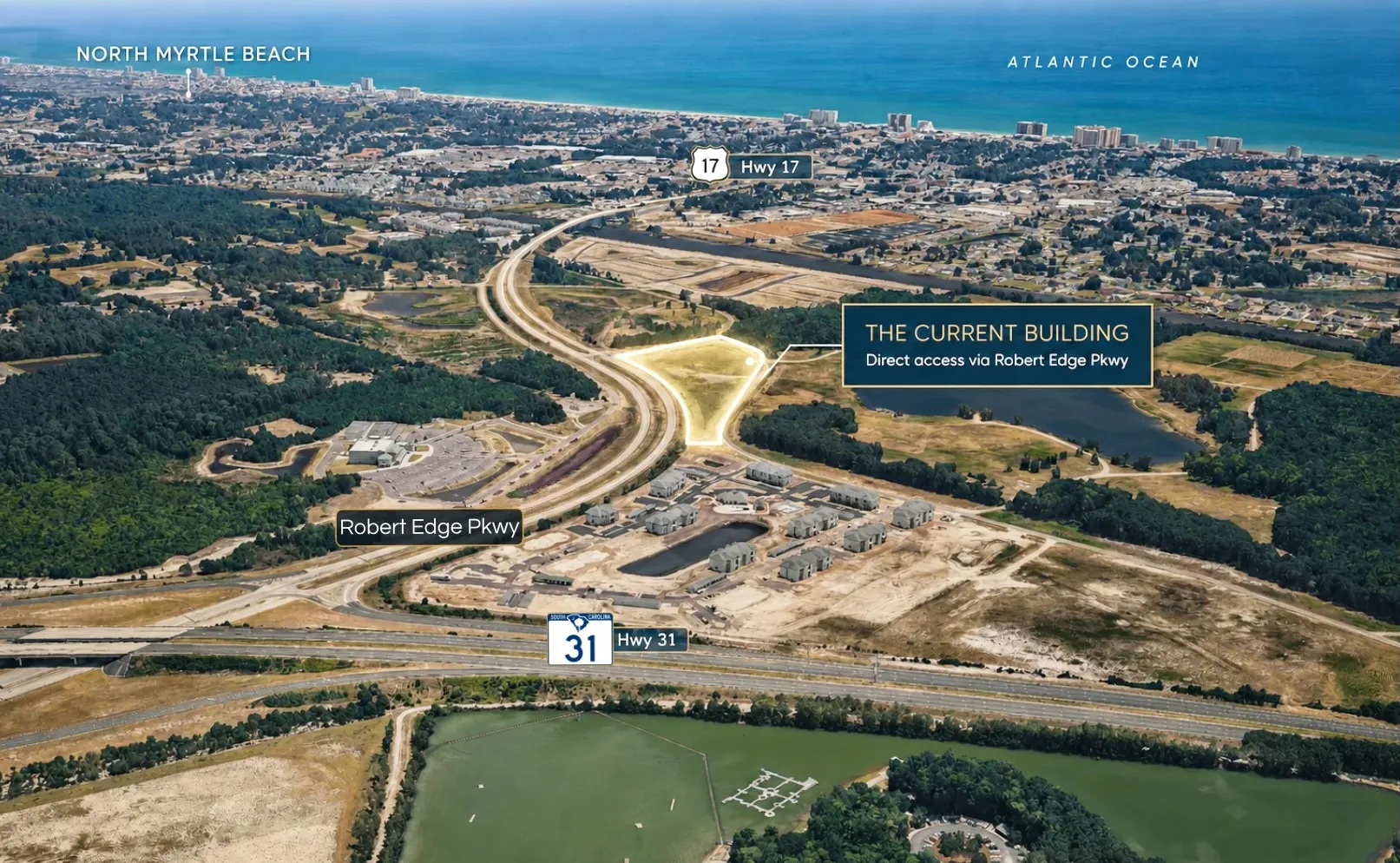 Annotated aerial map showing The CURRENT Building site with direct access via Robert Edge Parkway, between Hwy 31 and Hwy 17, near North Myrtle Beach and the Atlantic Ocean